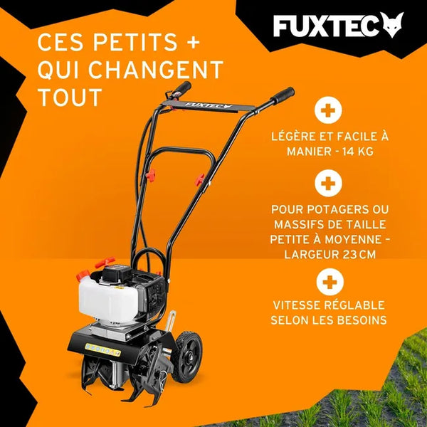 FUXTEC FX-AF152 Fraiseuse agricole, motoculteur - moteur 2 temps et largeur 23 cm, 51,6 ccm, profondeur de fraisage 70mm - seulement 14kg
