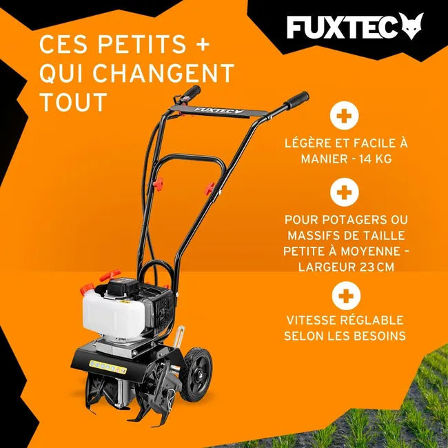 FUXTEC FX-AF152 Fraiseuse agricole, motoculteur - moteur 2 temps et largeur 23 cm, 51,6 ccm, profondeur de fraisage 70mm - seulement 14kg
