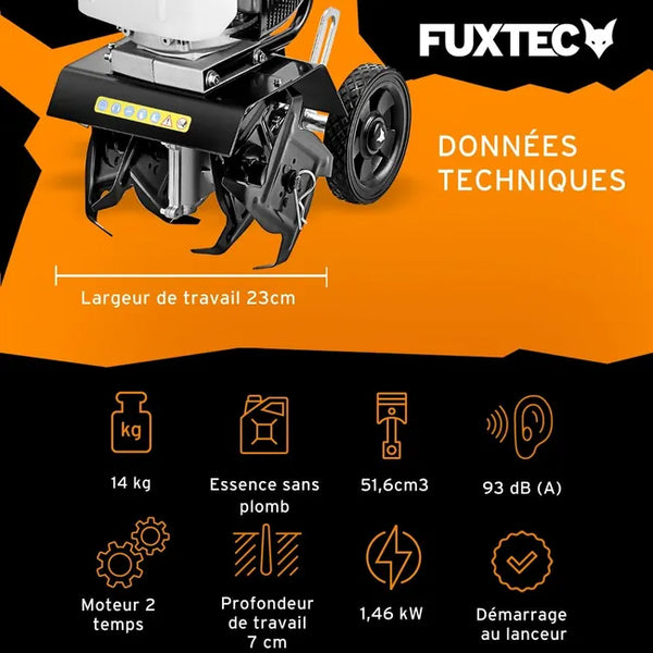 FUXTEC FX-AF152 Fraiseuse agricole, motoculteur - moteur 2 temps et largeur 23 cm, 51,6 ccm, profondeur de fraisage 70mm - seulement 14kg
