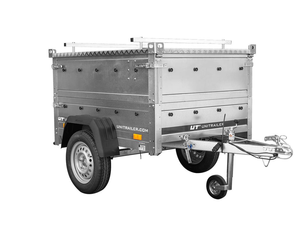 Remorque un essieu 150x106 UNITRAILER GARDEN 150 KIPP avec côtés, ridelles supplementaires et capot en aluminium