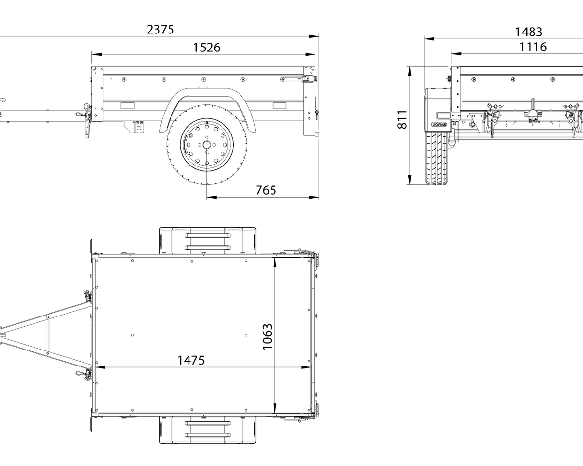 Remorque un essieu 150x106 UNITRAILER GARDEN 150 KIPP avec côtés, ridelles supplementaires et capot en aluminium