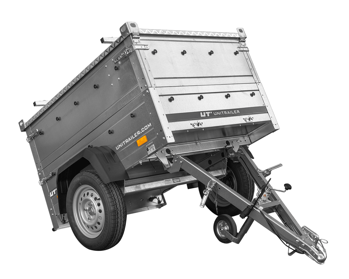 Remorque un essieu 150x106 UNITRAILER GARDEN 150 KIPP avec côtés, ridelles supplementaires et capot en aluminium