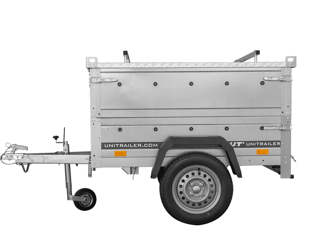 Remorque un essieu 150x106 UNITRAILER GARDEN 150 KIPP avec côtés, ridelles supplementaires et capot en aluminium