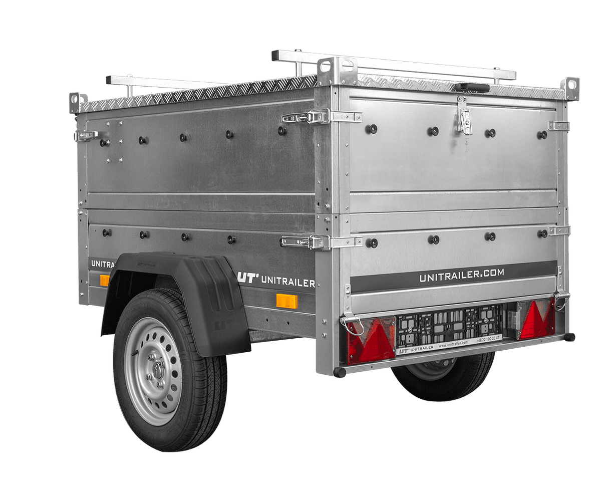 Remorque un essieu 150x106 UNITRAILER GARDEN 150 KIPP avec côtés, ridelles supplementaires et capot en aluminium