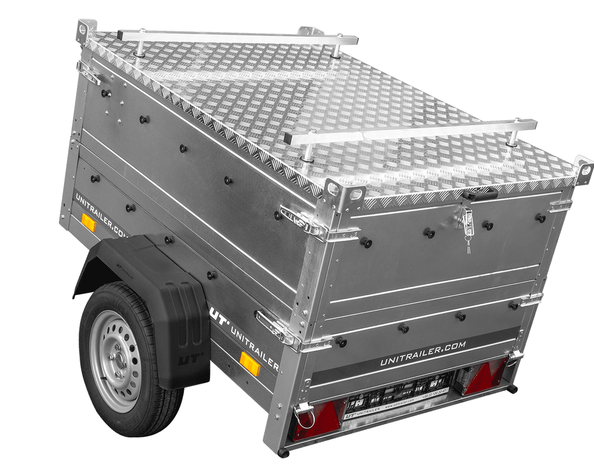 Remorque un essieu 150x106 UNITRAILER GARDEN 150 KIPP avec côtés, ridelles supplementaires et capot en aluminium