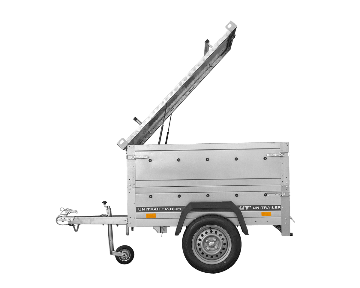 Remorque un essieu 150x106 UNITRAILER GARDEN 150 KIPP avec côtés, ridelles supplementaires et capot en aluminium