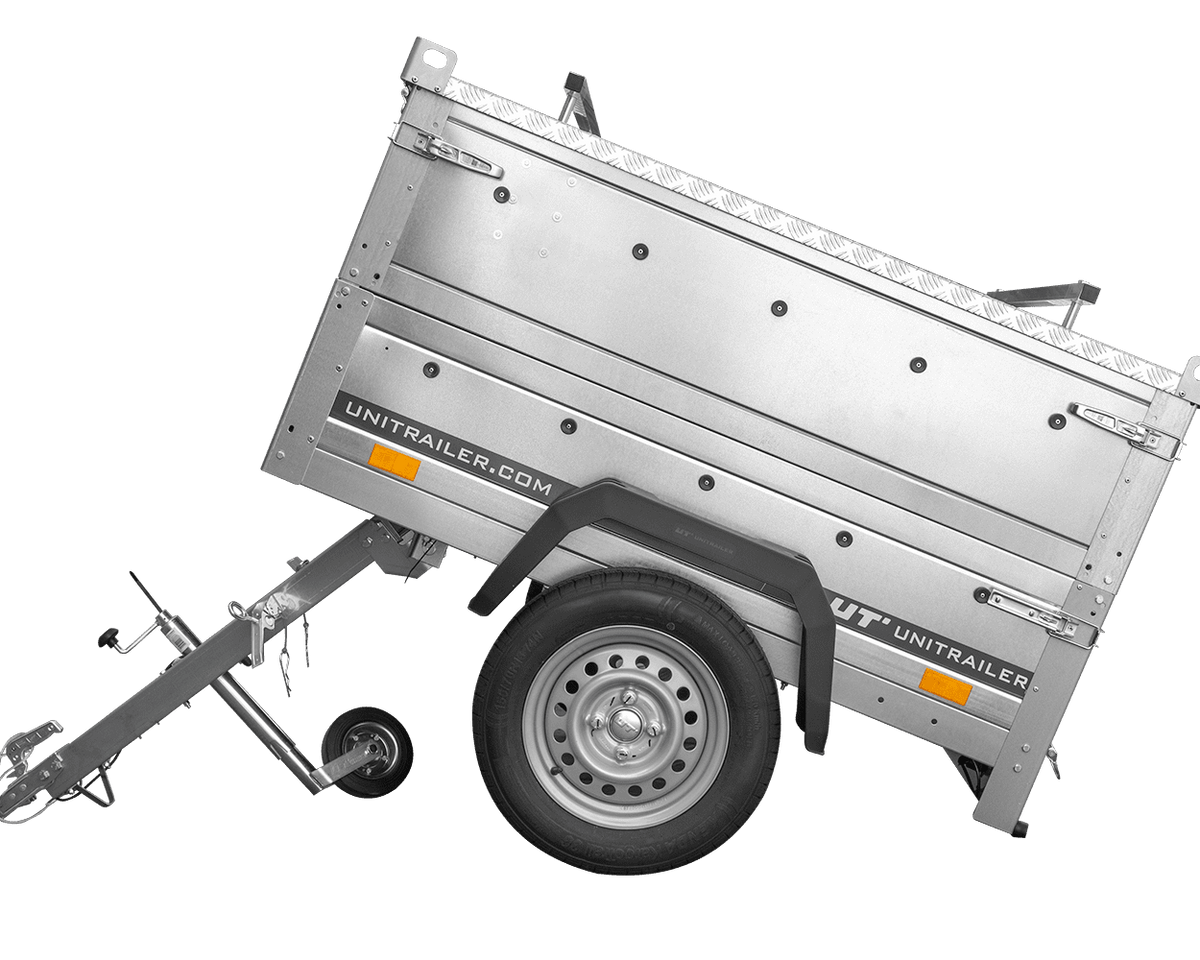 Remorque un essieu 150x106 UNITRAILER GARDEN 150 KIPP avec côtés, ridelles supplementaires et capot en aluminium