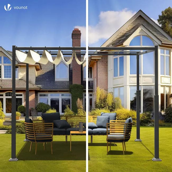 Pergola retractable 3x3m en metal et toile Polyester haute densite 180g/m2 beige