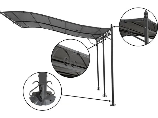 Pergola tonnelle adossée en métal - 3 x 4 m - Gris