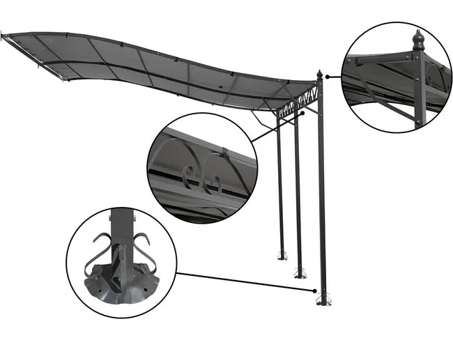 Pergola tonnelle adossée en métal - 3 x 4 m - Gris