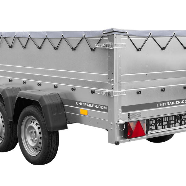 GARDEN TRAILER 264/2 KIPP remorque à deux essieux avec roue jockey, châssis H-0, ridelles BIS et bâche plate grise