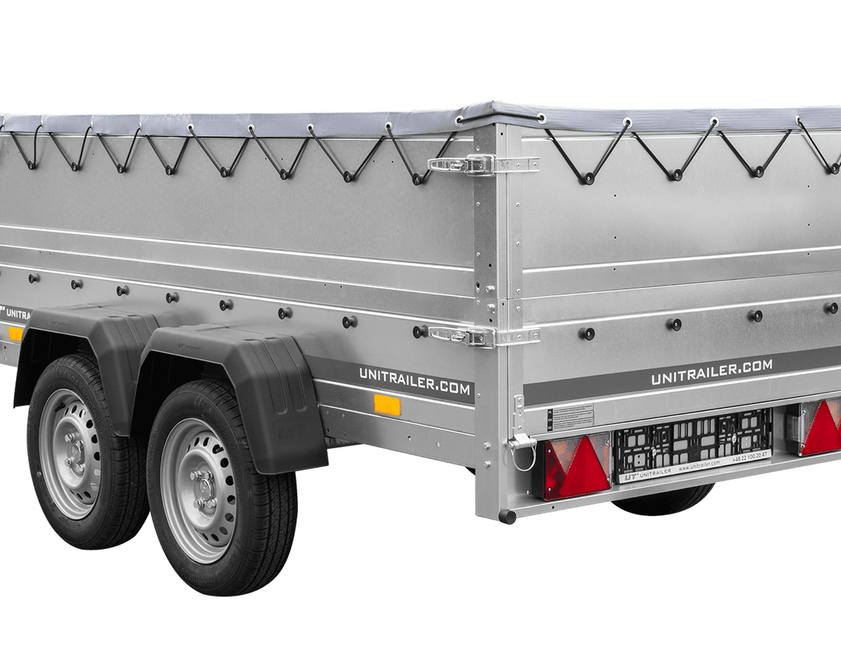 GARDEN TRAILER 264/2 KIPP remorque à deux essieux avec roue jockey, châssis H-0, ridelles BIS et bâche plate grise