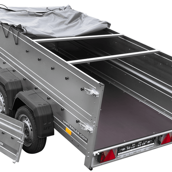 GARDEN TRAILER 264/2 KIPP remorque à deux essieux avec roue jockey, châssis H-0, ridelles BIS et bâche plate grise