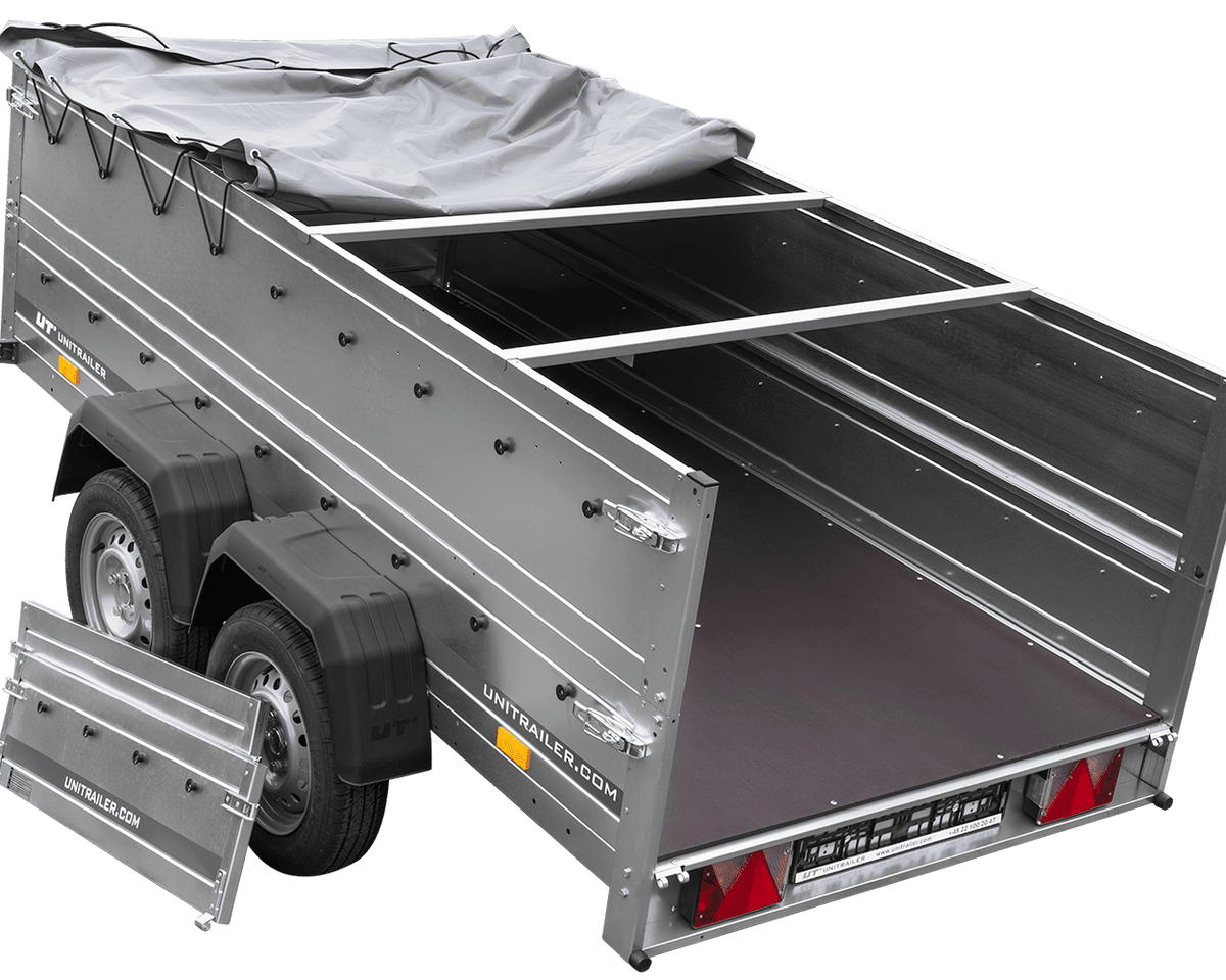 GARDEN TRAILER 264/2 KIPP remorque à deux essieux avec roue jockey, châssis H-0, ridelles BIS et bâche plate grise