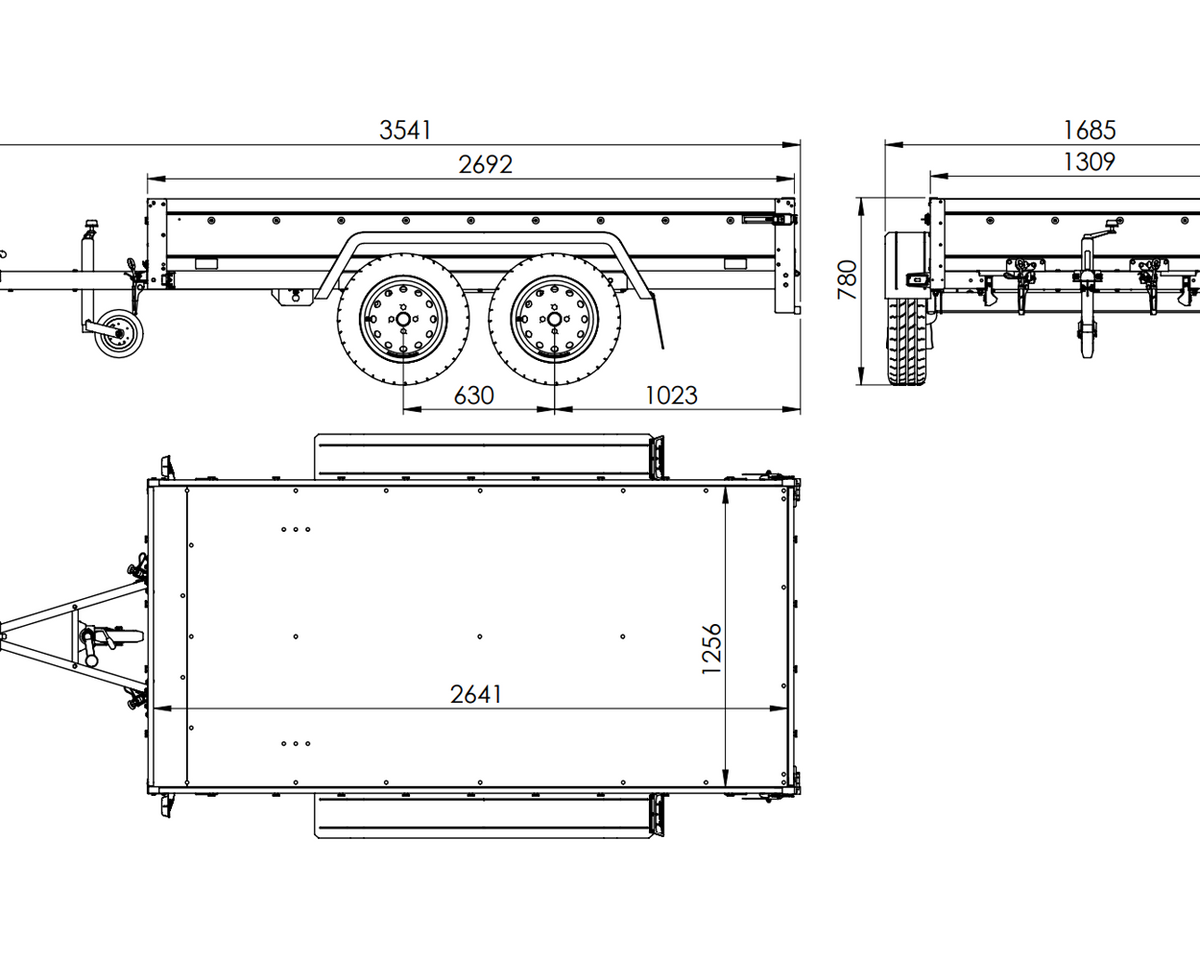 GARDEN TRAILER 264/2 KIPP remorque à deux essieux avec roue jockey, châssis H-0, ridelles BIS et bâche plate grise