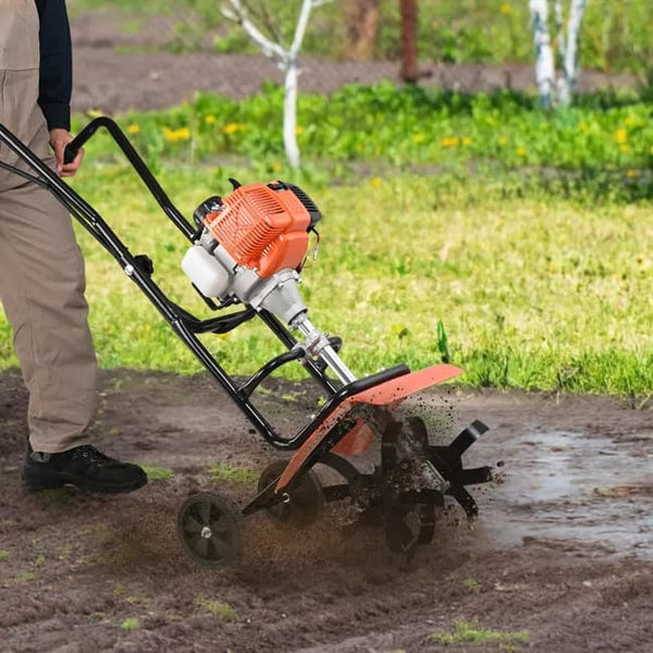 VEVOR Motobineuse Thermique à Moteur Essence 31CC à 4 Temps avec 4 Dents Avant Réglables en Grandes Roues Installation Facile Cultivateur pour Potager