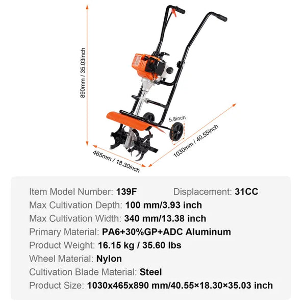 VEVOR Motobineuse Thermique à Moteur Essence 31CC à 4 Temps avec 4 Dents Avant Réglables en Grandes Roues Installation Facile Cultivateur pour Potager