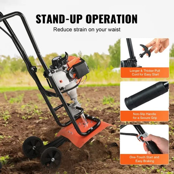 VEVOR Motobineuse Thermique à Moteur Essence 31CC à 4 Temps avec 4 Dents Avant Réglables en Grandes Roues Installation Facile Cultivateur pour Potager